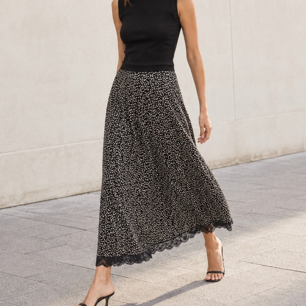 Barbara Taddei Black Floral Print Lace A-Line Midi Italy Skirt, Size 42/M/Us 6